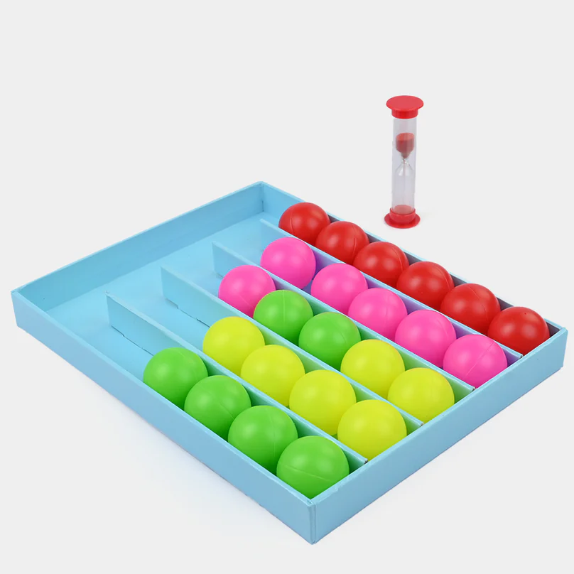 Colorful ball sorting game with a blue tray on a white background