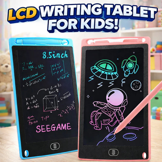Two LCD writing tablets for kids, one blue and one pink, with drawings on a table.