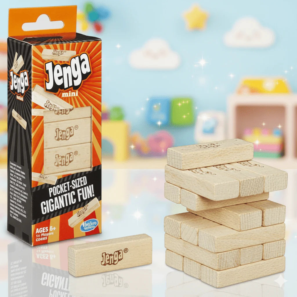 Jenga mini game set with packaging against a colorful background