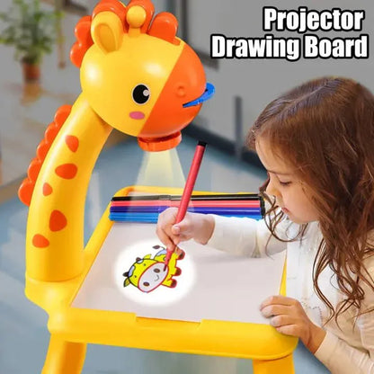 Child using a projector drawing board shaped like a giraffe to draw on a white surface.