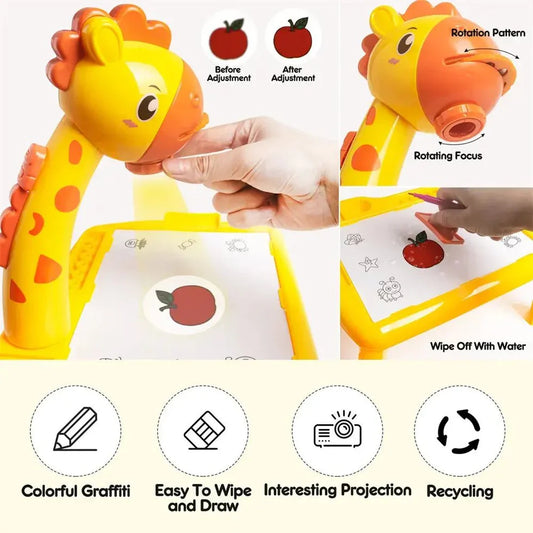 Giraffe-shaped educational toy with features highlighted on a beige background