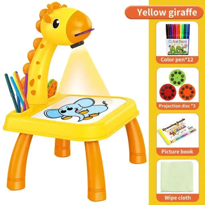 Yellow giraffe-shaped children's drawing chair with projection and accessories on a white background