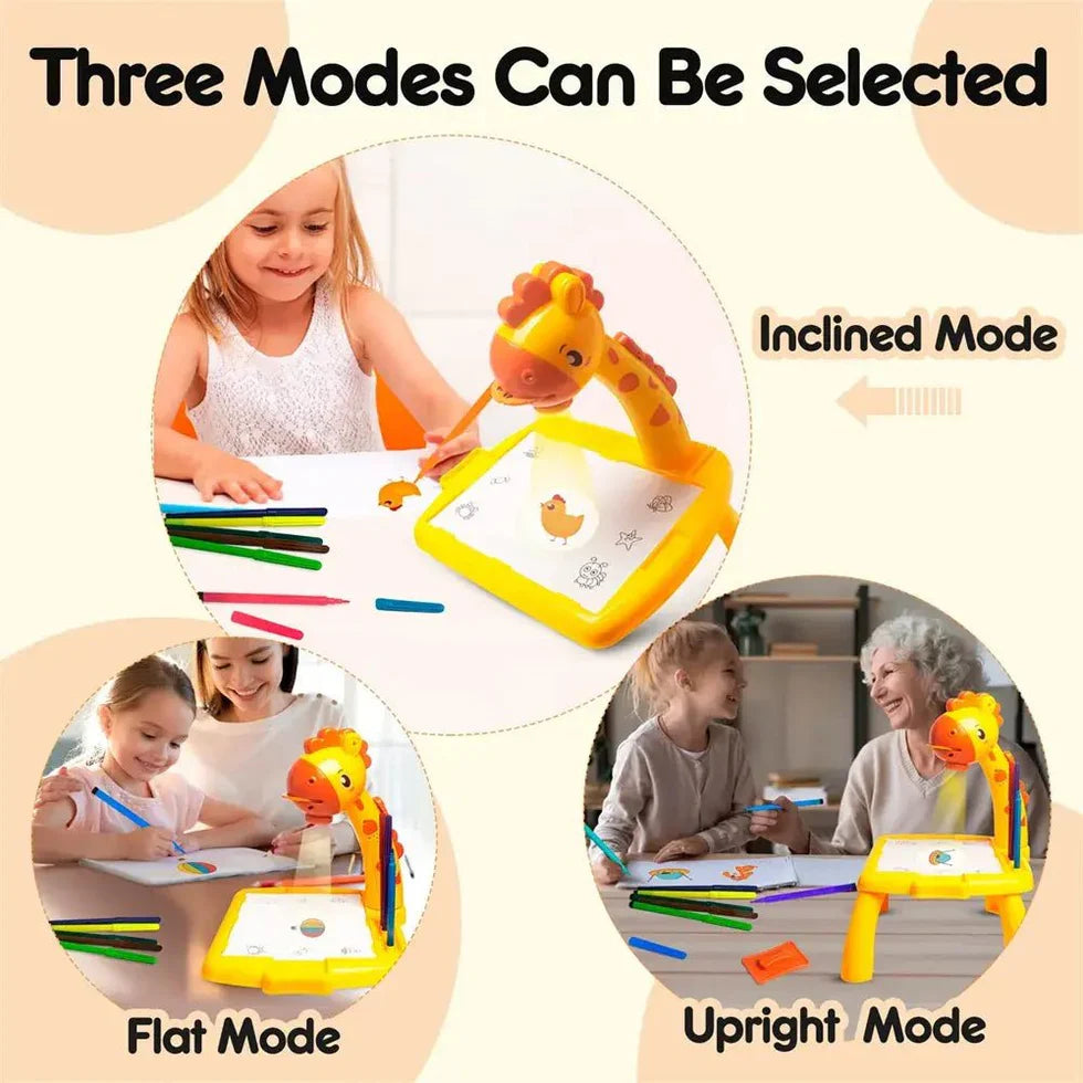 Giraffe-shaped drawing board with three modes for children to use, shown with a child and an adult.