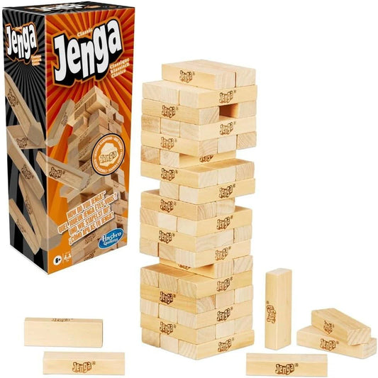 Jenga game set with tower and packaging on a white background