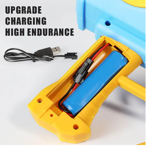 Close-up of a blue battery pack with charging cable on a white background, labeled 'Upgrade Charging High Endurance'.