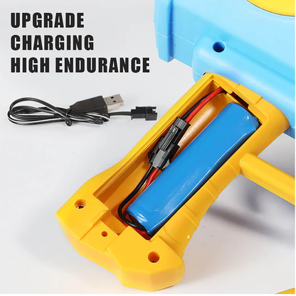 Close-up of a blue battery pack with charging cable on a white background, labeled 'Upgrade Charging High Endurance'.