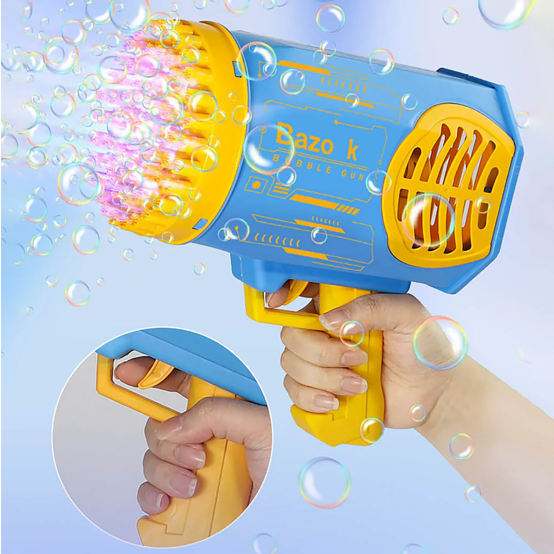 Bubble gun with colorful bubbles on a light blue background