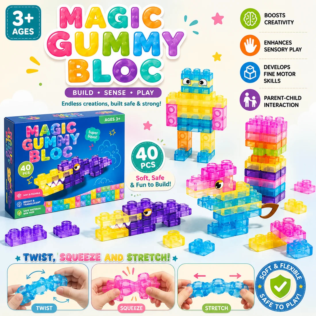 Soft Gummy Jelly Sensory Building Blocks – 40 Pieces