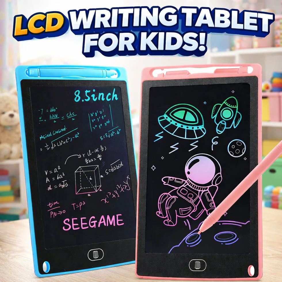 Two LCD writing tablets for kids, one blue and one pink, with drawings on a table.