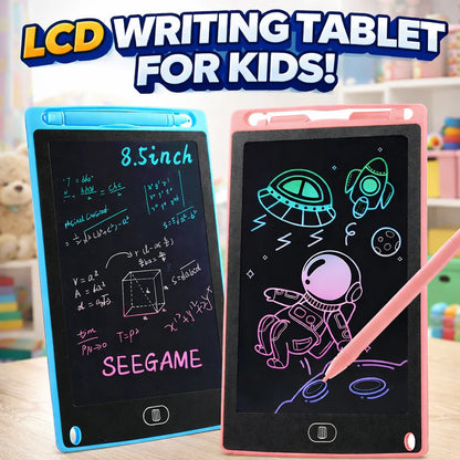 Two LCD writing tablets for kids, one blue and one pink, with drawings on a table.