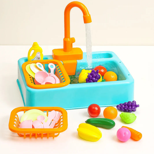 Colorful toy kitchen set with sink, faucet, and toy food items on a white background