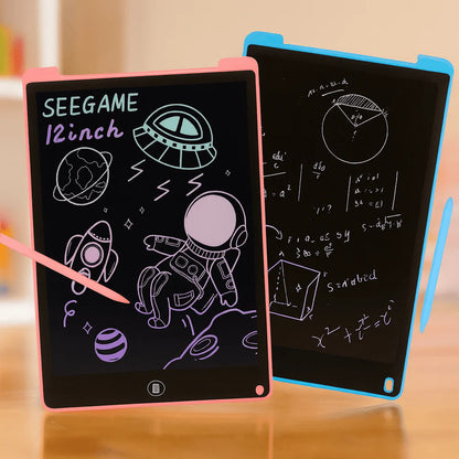 Two electronic drawing boards with colorful边框and writings on a wooden surface.