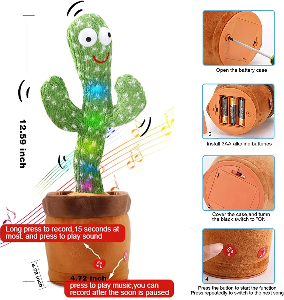Animated cactus toy with battery instructions and dimensions on a white background