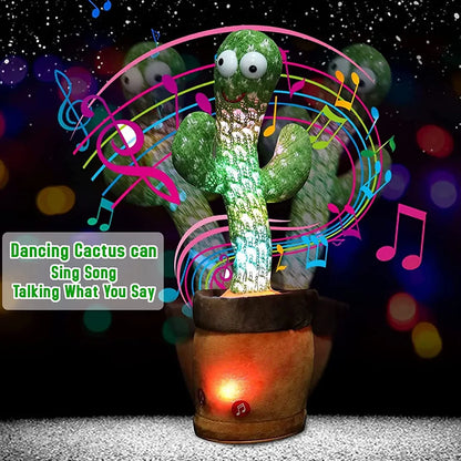 Dancing cactus with musical notes and lights on a dark background