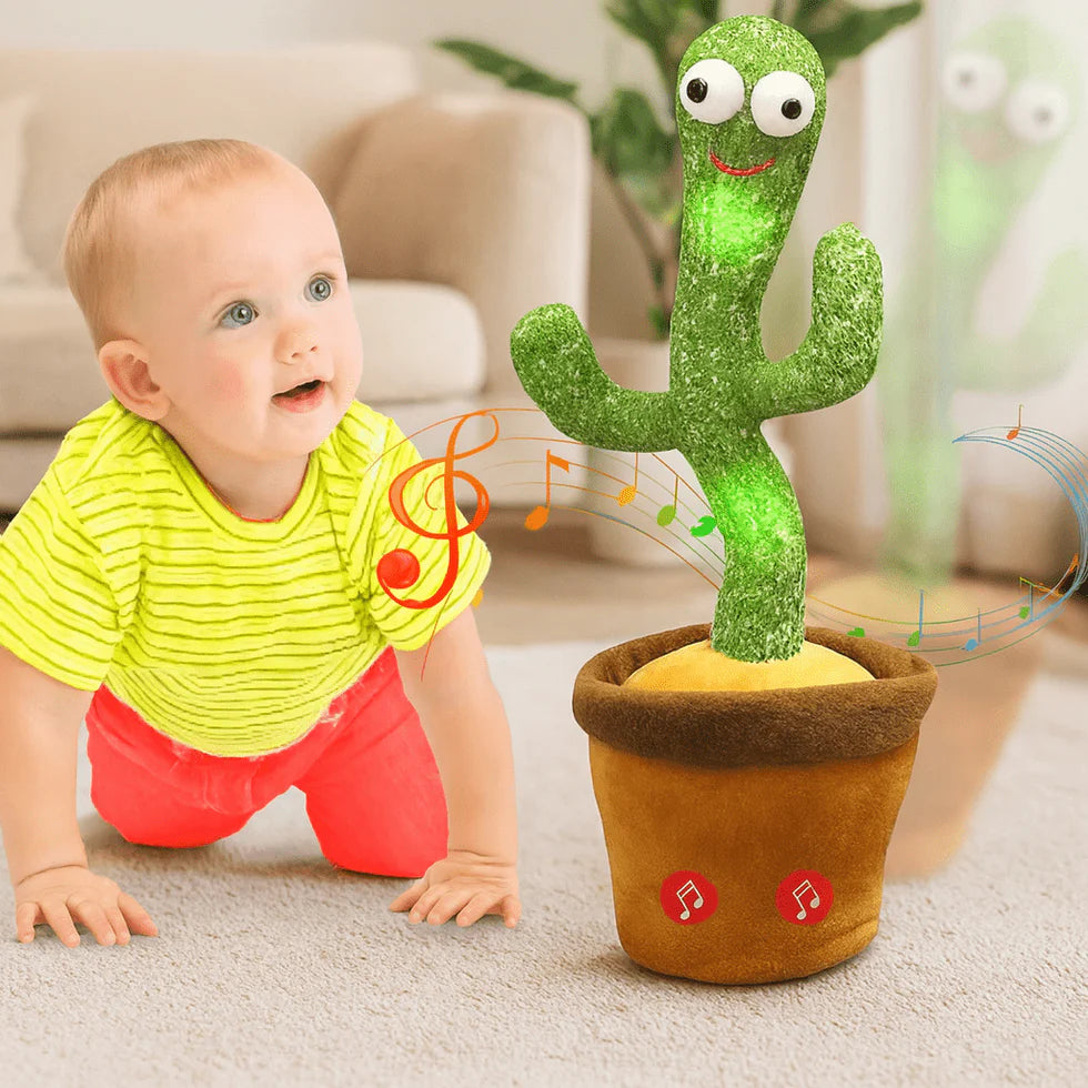 Baby playing with a dancing cactus toy in a living room.