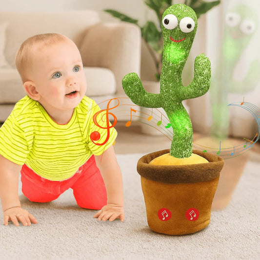 Baby playing with a dancing cactus toy in a living room.