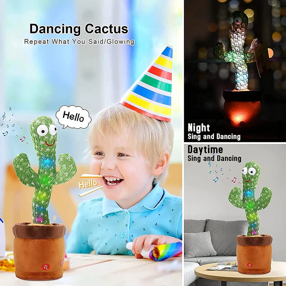 Dancing cactus toy with a child wearing a party hat, shown in various settings.