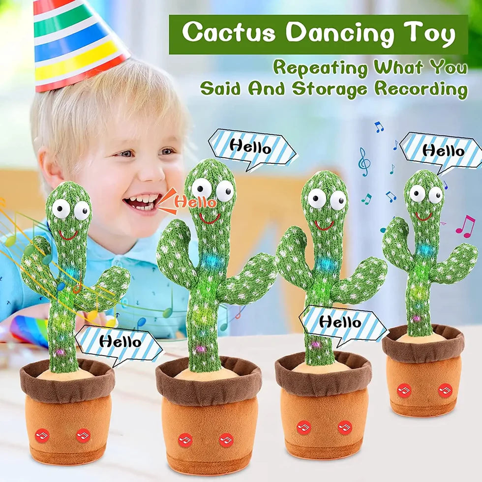 Cactus-shaped toy with a child wearing a party hat, set against a blurred indoor background.