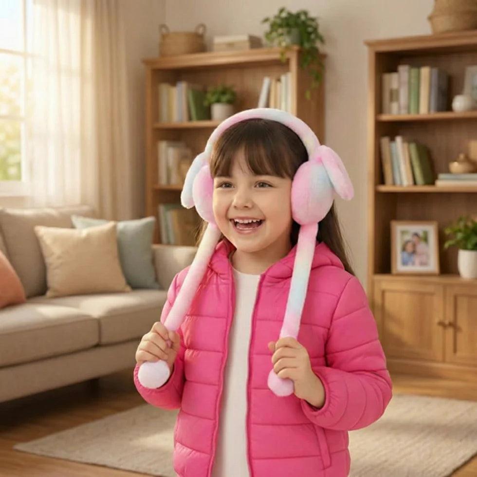 Child wearing pink bunny ears in a cozy living room