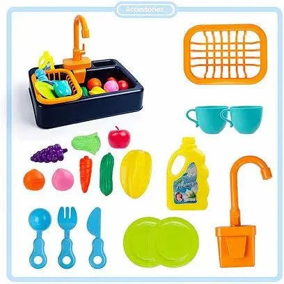 Set of colorful toy kitchen accessories including a sink, cups, vegetables, and utensils on a white background.