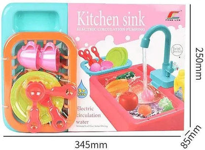 Toy kitchen sink set with running water and various utensils on a white background