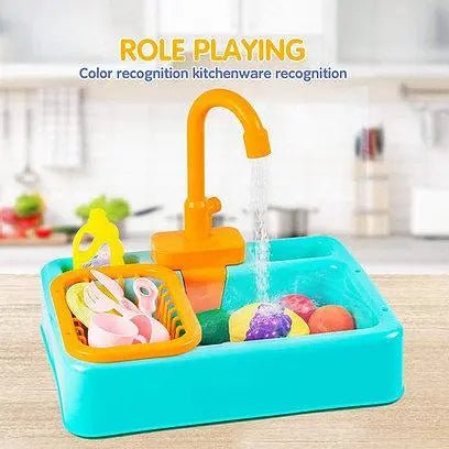 Color recognition kitchen toy with faucet and sink on a wooden surface