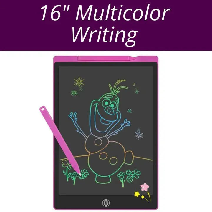 Electronic writing tablet with colorful drawing of a snowman and text '16" Multicolor Writing' on a purple background.