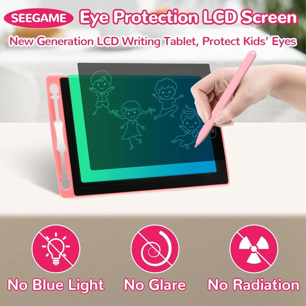 SEEGAME eye protection LCD screen with a child drawing on it, held by a hand with a pink stylus.