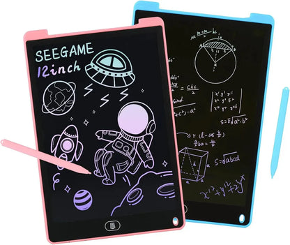 Two electronic doodle boards with pink and blue frames, displaying drawings and equations.