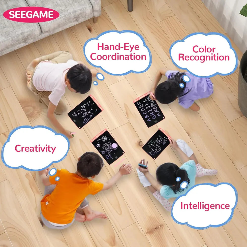 Children playing with educational toys on a wooden floor, promoting hand-eye coordination, color recognition, creativity, and intelligence.