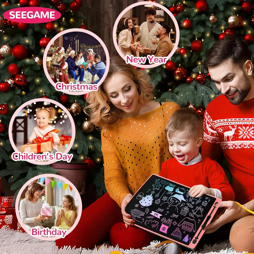 Family with a child in front of a Christmas tree, surrounded by circular insets showing different occasions.