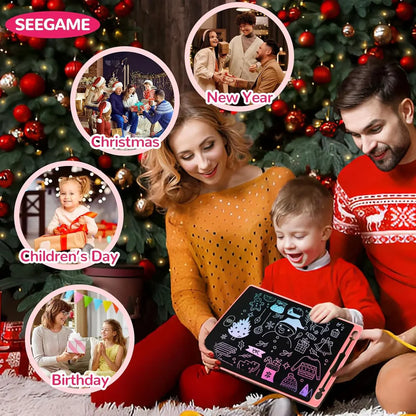 Family with a child in front of a Christmas tree, surrounded by circular insets showing different occasions.