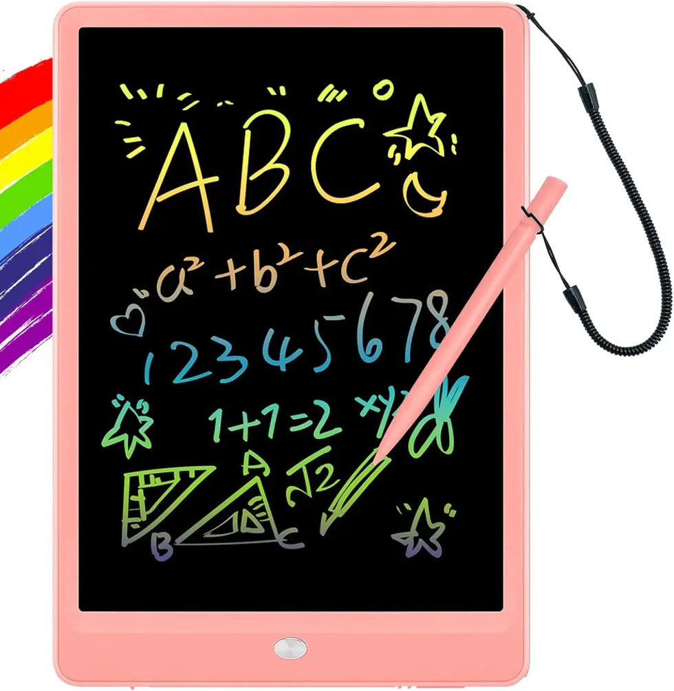 Pink electronic writing pad with colorful text and equations on a white background