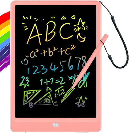 Pink electronic writing pad with colorful text and equations on a white background
