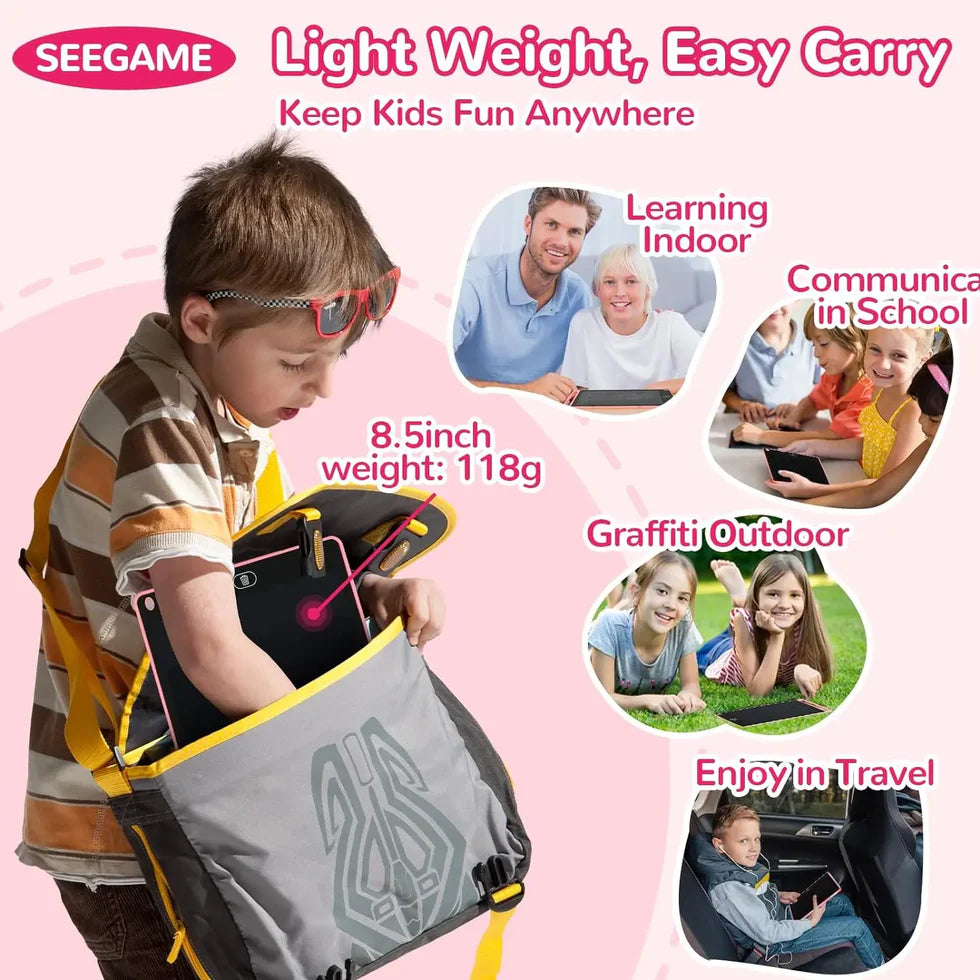 Child holding a backpack with Seegame branding, highlighting its light weight and ease of carrying.