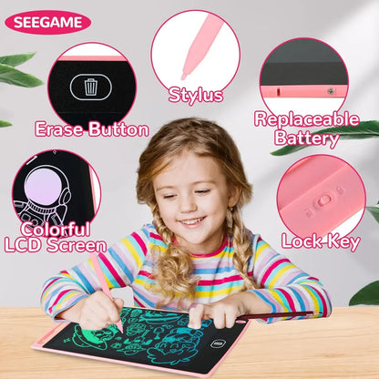 Child using a SEEGAME LCD drawing tablet with features highlighted.