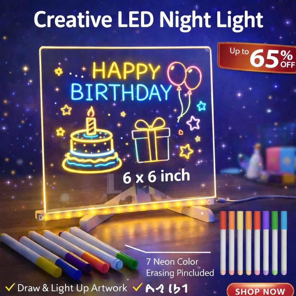 Neon LED night light with 'Happy Birthday' design, markers, and promotional text on a dark background.