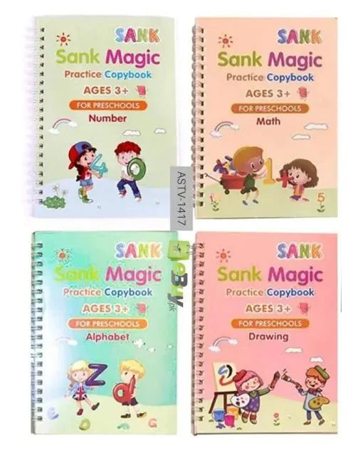 Four colorful 'Sank Magic' practice copybooks for preschoolers on a white background.