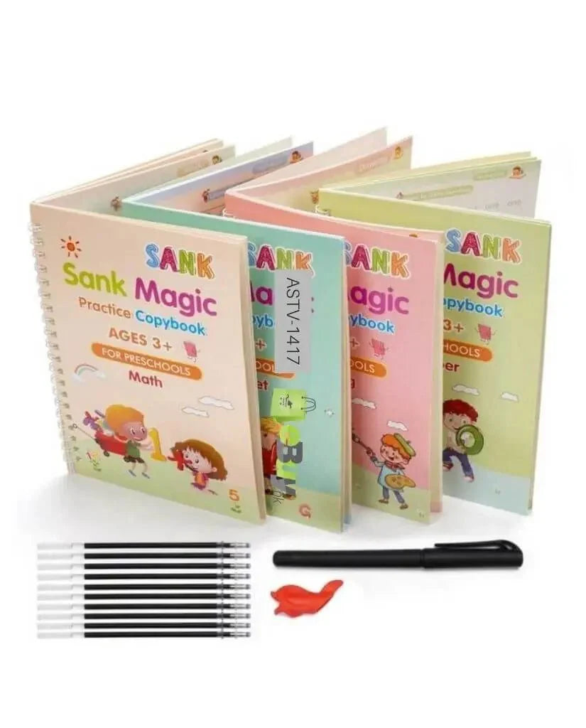Set of colorful children's practice workbooks with pens on a white background