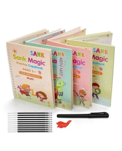 Set of colorful children's practice workbooks with pens on a white background