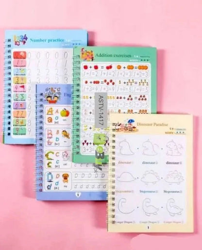 Set of educational workbooks on a pink background