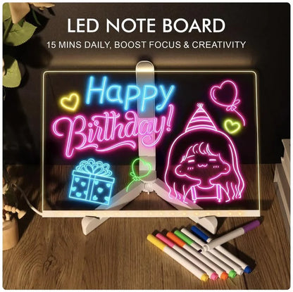 LED note board with colorful drawings and text on a wooden surface