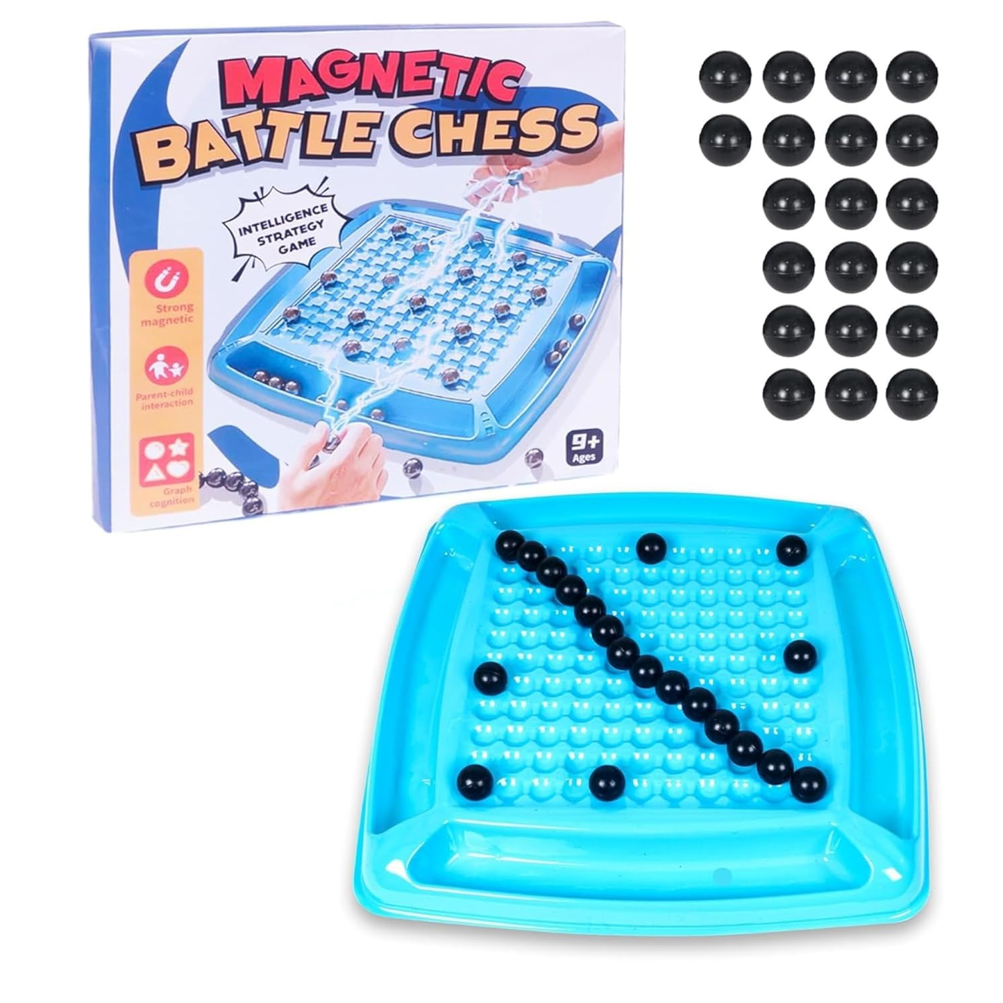 Magnetic battle chess set with board, pieces, and packaging on a white background