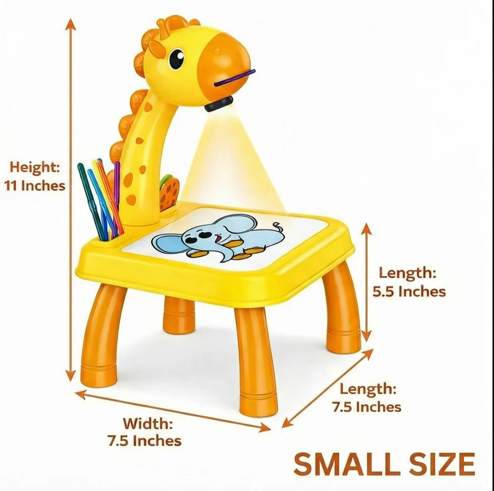 Yellow children's chair with drawing desk and giraffe design, showing measurements on a white background.
