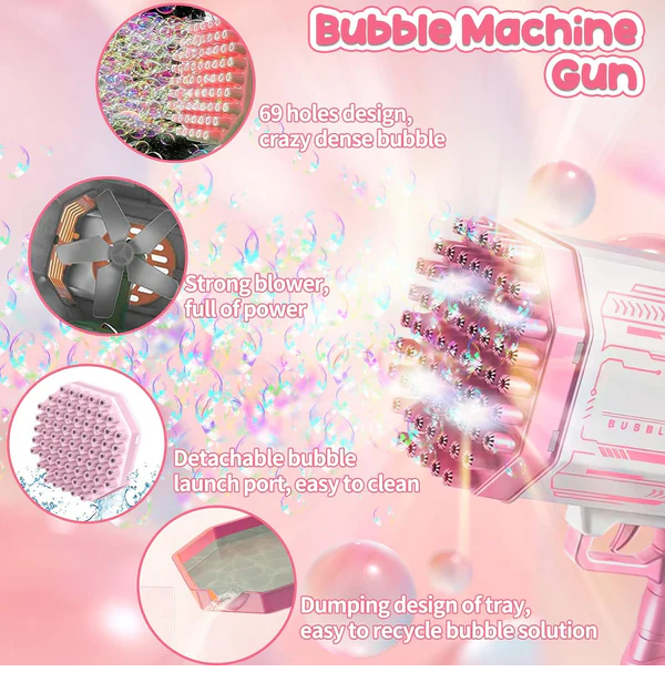 Pink bubble machine gun with features highlighted on a pink background
