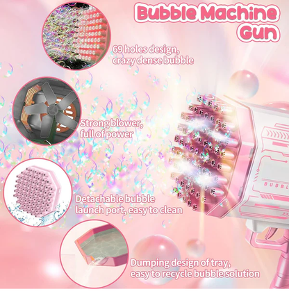 Pink bubble machine gun with features highlighted on a pink background