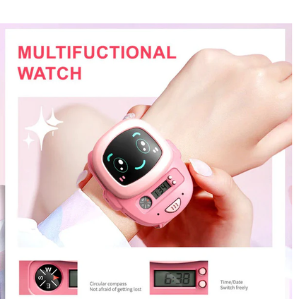 Pink multifunctional watch on a hand with additional features displayed below.