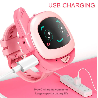 Pink children's smartwatch with USB charging cable on a white background