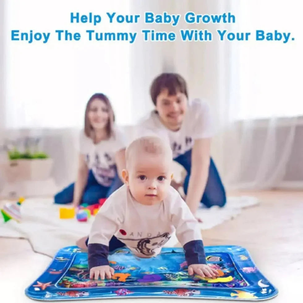 Baby playing on a mat with parents in the background, text promoting tummy time.