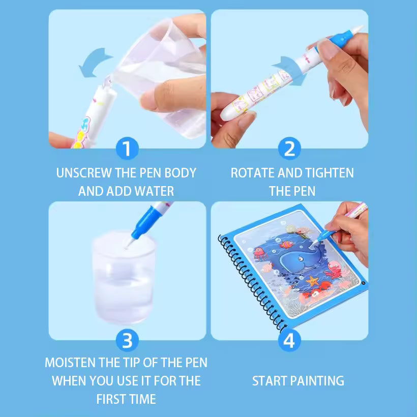 Reusable Magic Water Coloring Book with Magic Pen – Zoo Animals | Mess-Free Learning Book for Kids